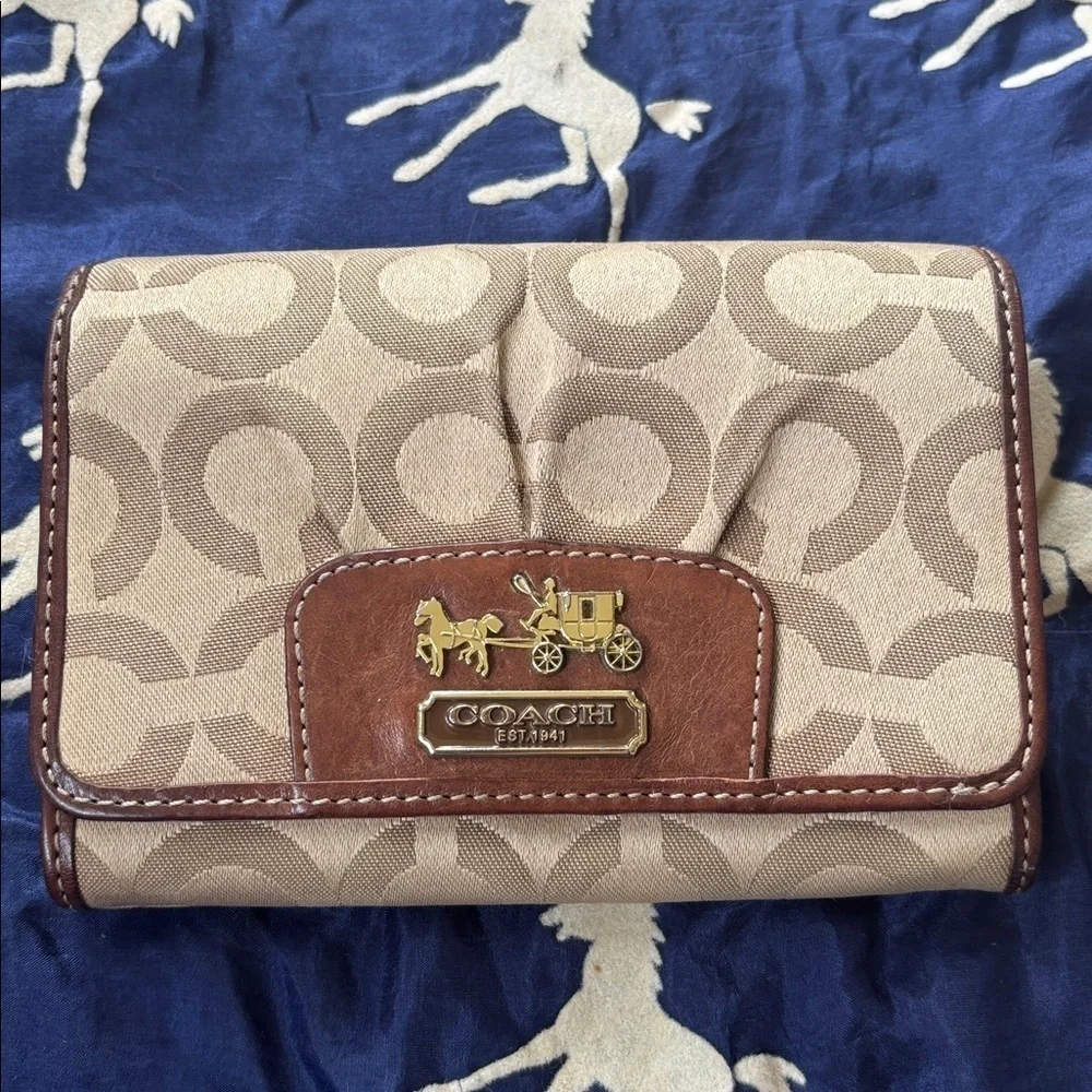 Coach Signature C Khaki Jacquard Canvas Brown Leather Trim Card Organizer Wallet